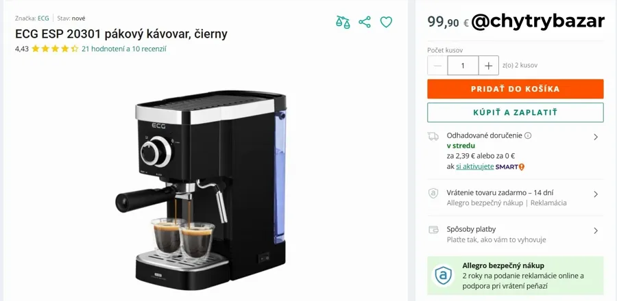 Predám pákový kávovar ECG - ESP20101 Espresso
